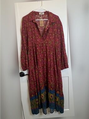 NATURAL LIFE Burgundy Floral Maxi Dress with Blue-Green Contrast Hem